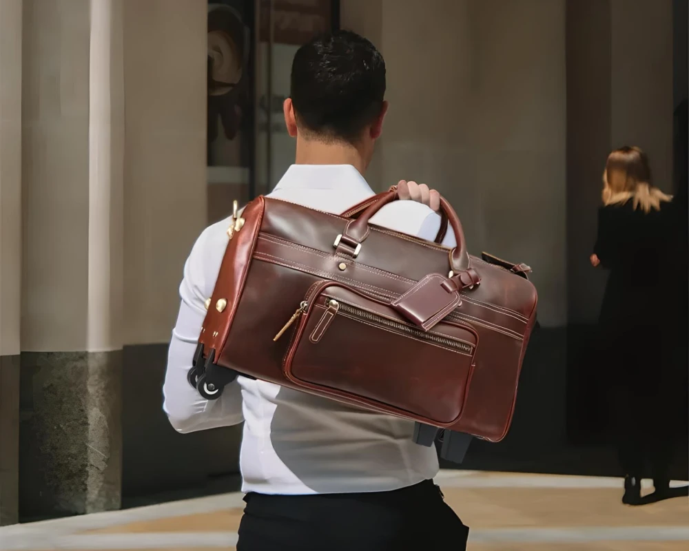 leather carry on bag with wheels